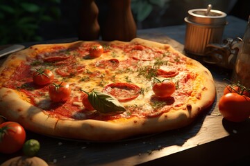 Close-up of a delicious-looking pizza with melted cheese, pepperoni, and cherry tomatoes