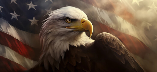 American bald eagle with US flag