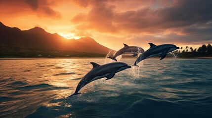Four beautiful dolphins jumping over breaking waves Hawaii Pacific Ocean wildlife scenery Marine animals in natural habitat