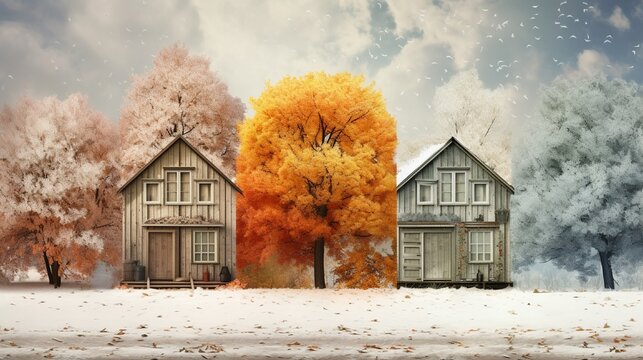 Four seasons in one photo The wooden house