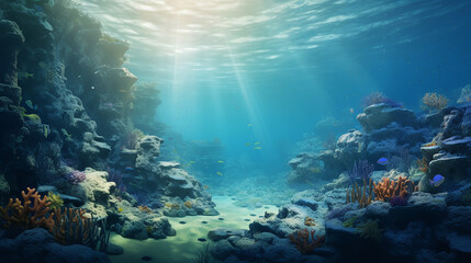 underwater view with sandy seabed and sunlight