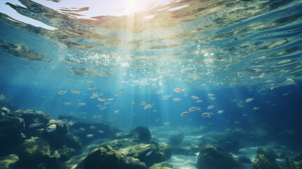 Fototapeta na wymiar underwater view with school fish in ocean