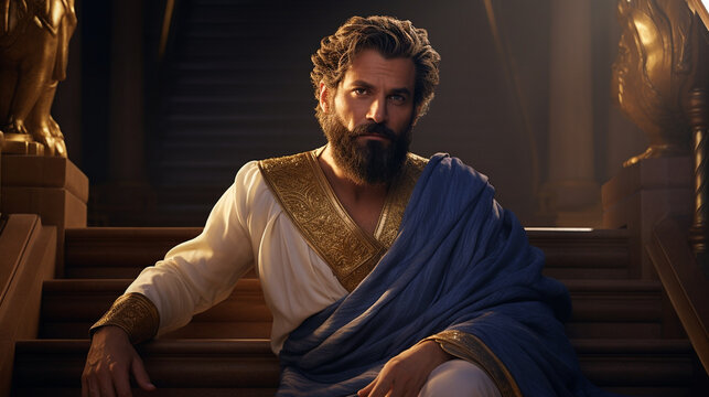 A roman emperor man with a beard sitting on some stairs wearing 