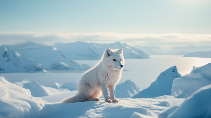 A white arctic fox sitting on top of a snow covered mountain - obrazy, fototapety, plakaty