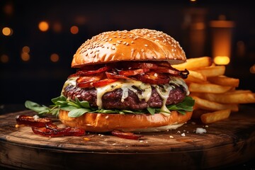 Close-up of a delicious hamburger with bacon, cheese, lettuce, tomato, and french fries on a wooden...