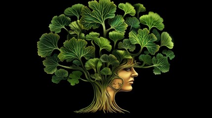 Ginkgo Biloba brain as a herbal medicine concept and natural phytotherapy medication symbol for healing as leaves shaped as a thinking human organ - obrazy, fototapety, plakaty