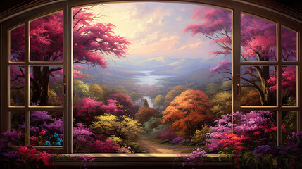 A painting of a window with a view of a forest full of flowers and trees