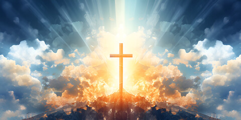 cross in the sky,Heavenly Radiance: A Divine Cross in the Sky.AI Generative 