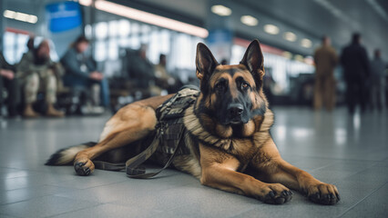 Dedicated German Shepherd Military Dog: Patiently Awaiting Next Mission at Airport - obrazy, fototapety, plakaty