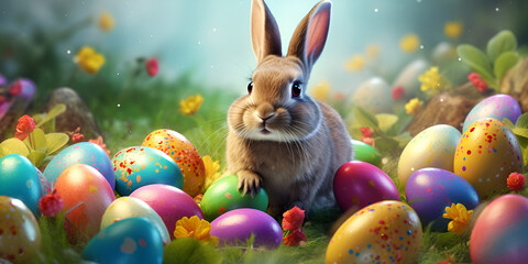 easter bunny and easter eggs. Easter, Holiday, Festival Background Image And Wallpaper .AI Generative  - obrazy, fototapety, plakaty