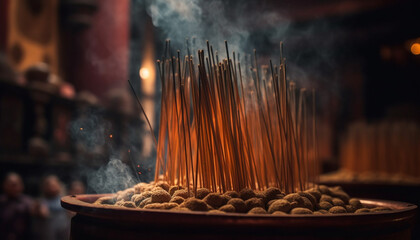 Obraz premium Burning incense, praying men, and glowing yellow flames celebrate spirituality generated by AI