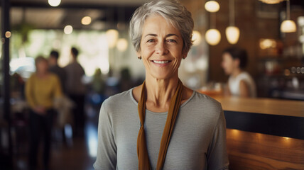 Mature woman smiling at a Cafe