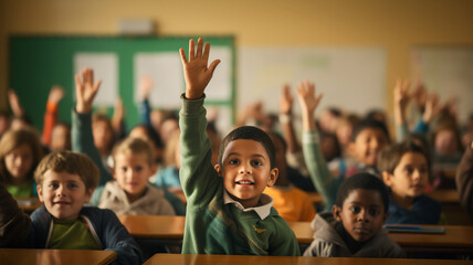 Pupils raising their hands during class at the elementary school