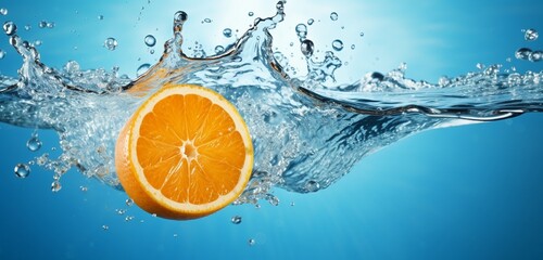 An HD image capturing a ripe orange dropping into a serene pool of clear blue water, creating a vibrant splash, with the fruit isolated against a clean and unobtrusive background.