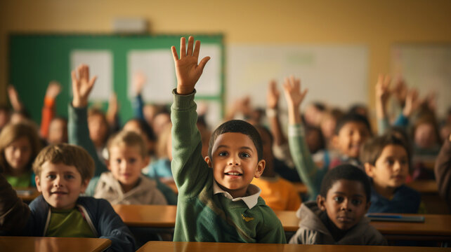 Pupils raising their hands during class at the elementary school
