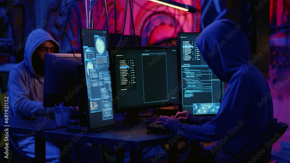Poster african american hacker and asian colleague working together in hidden place with graffiti walls, de