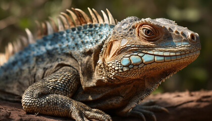 Fototapeta premium Endangered green iguana resting on tree branch in tropical forest generated by AI