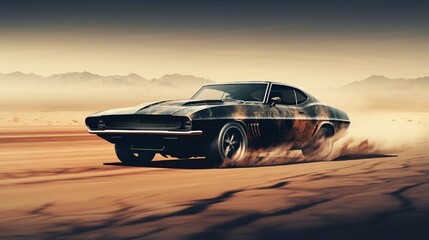 Fototapeta na wymiar High speed black retro car in desert - road warrior concept (with grunge overlay and motion blur) - 3d illustration