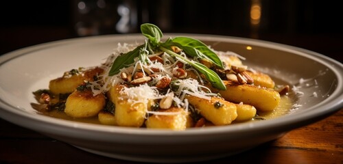 A beautiful plate of gnocchi with a brown butter and sage sauce, garnished with shaved Parmesan...