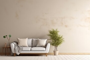Minimalist living room interior with wooden floor, decor on a large wall. Generative ai