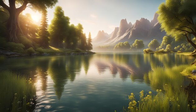 Serene lake in a forest surrounded by mountains
