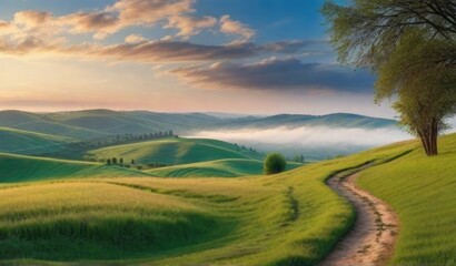 Fototapeta premium Panoramic natural landscape with green grass field, blue sky with clouds and mountains in background.