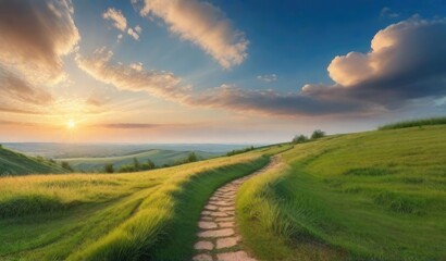 Panoramic natural landscape with green grass field, blue sky with clouds and mountains in background.