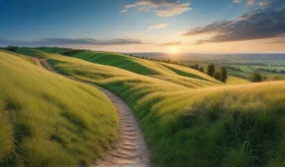 Obraz premium Panoramic natural landscape with green grass field, blue sky with clouds and mountains in background.
