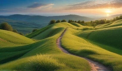 Obraz premium Panoramic natural landscape with green grass field, blue sky with clouds and mountains in background.