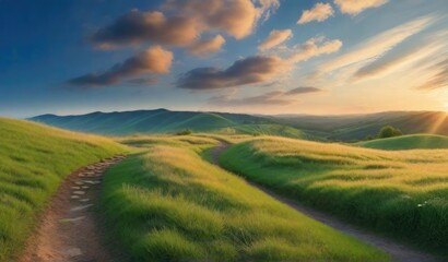 Obraz premium Panoramic natural landscape with green grass field, blue sky with clouds and mountains in background.
