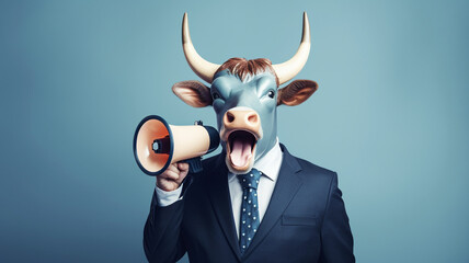 Bull with megaphone announcing the bull market in stocks