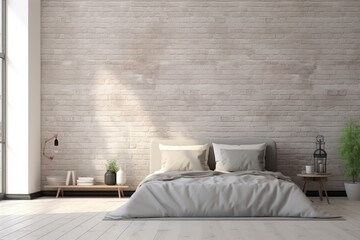 minimalist cozy bedroom with a comfortable bed and a scenic view from window. Good morning sunrise Generative AI