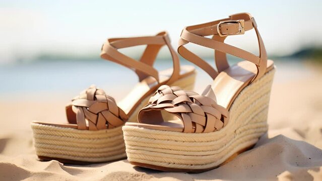 Closeup of a pair of trendy platform sandals, with a woven rope detail and a chunky heel for a touch of height. The sandals are made of a soft suede material in a neutral color, making them