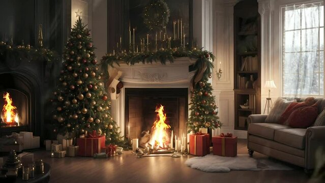 fireplace with christmas decorations,  Seamless Animation Video Background in 4K Resolution	