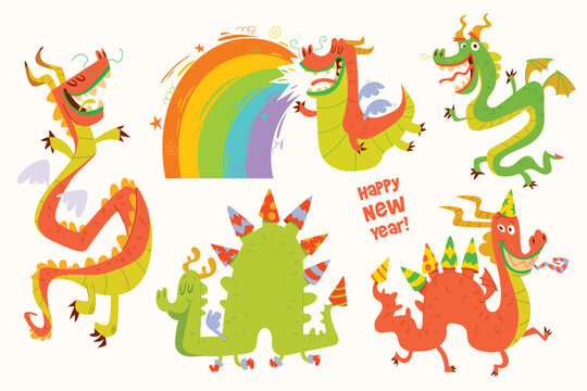 Dragon year. Happy New Year. Set colorful cartoon characters. Funny vector illustration. Isolated on white background