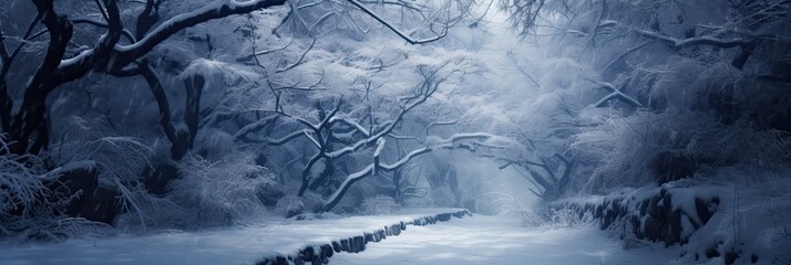 the dark path with trees covered in frost surrounded by snow, generative AI