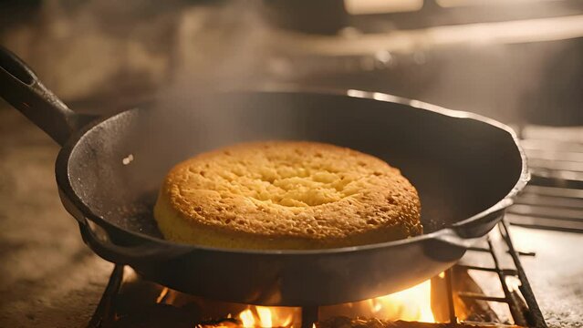 Closeup rustic skillet filled with golden brown cornbread, cooking cast iron griddle atop fireplace. edges bread crispy slightly charred, while center fluffy soft.