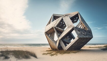 Old abandoned wooden geometric sculpture wild beach Juodkrante Lithuania sea wilderness summer abstract art weathered lonely structure nobody baltic worn out nature landscape view seascape - obrazy, fototapety, plakaty