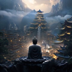 buddha in the center of the mountains - obrazy, fototapety, plakaty