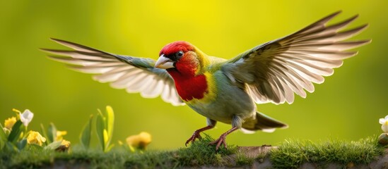 In the lush green meadow, a colorful bird with glossy feathers perched on a branch, ready to fly. The European Finch, a passerine species, fluttered its wings gracefully, landing on the bird feeder to - obrazy, fototapety, plakaty