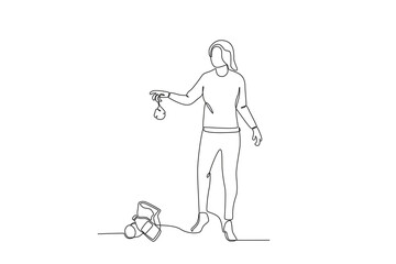Single continuous line drawing of a woman who is throwing garbage in a public place. One line draw graphic design vector illustration
