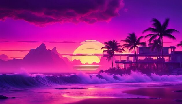 sunset on the beach. Synth-wave style