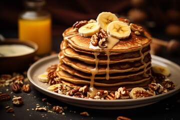 A delicious stack of pancakes topped with fresh banana slices, crunchy pecans, and a generous drizzle of maple syrup. The pancakes are fluffy and golden brown - obrazy, fototapety, plakaty