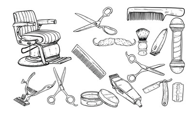 barber tools handdrawn illustration engraving