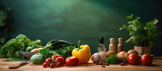 Fotobehang In a well-lit kitchen, a green vegetable leaf sits atop a cutting board, with a backdrop of a wooden desk and a frame of cooking essentials on the wall, while a healthy tomato awaits to be sliced in © 2rogan