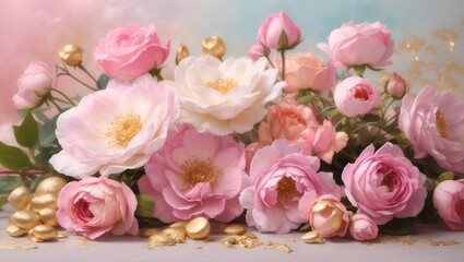 Fototapeta premium Pink Blessed Flowers Colorful Flower Background Illustration Postcard Digital Artwork Banner Website Flyer Ads Gift Card Template