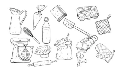 cake cooking utensils handdrawn illustration engraving