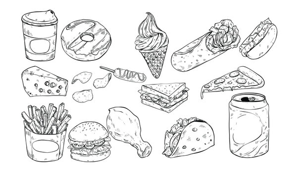 take away fast food handdrawn illustration engraving