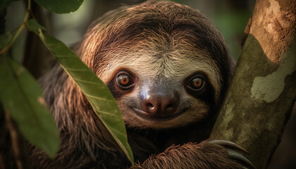 Fototapeta premium Cute lemur looking at camera in tropical rainforest habitat generated by AI