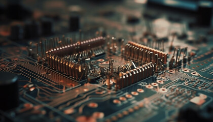 Complex computer circuit board showcases futuristic technology and industry complexity generated by AI
